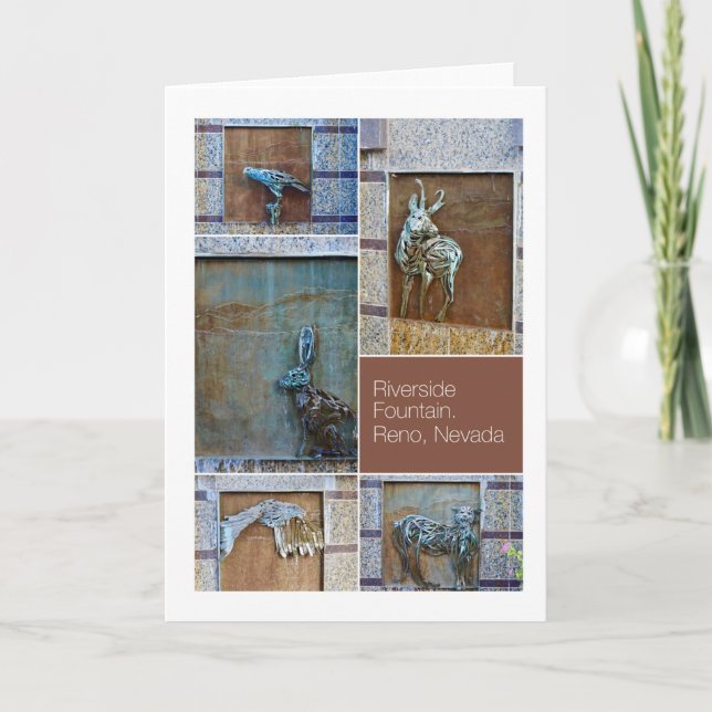 Cartão Riverside Fountain Figures Colage Reno, NV (Frente)