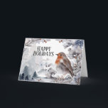 Cartão Robin bird winter snow festive landscape Christmas<br><div class="desc">A beautiful watercolor illustration featuring a woodland setting which has fir trees in the distance and snow covered pine leaves and cones in the foreground which form a border around templates that may be personalized. A single beautiful robin bird is sitting in the right corner and is framed by a...</div>