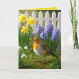 Cartão Robin de aniversário em um jardim de primavera