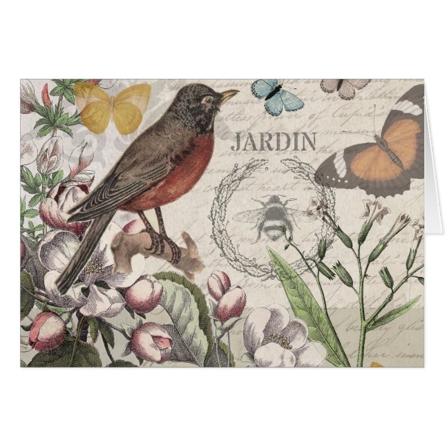 Cartão Robin Elegant Bird Butterfly Arte Francesa (Frente Horizontal)