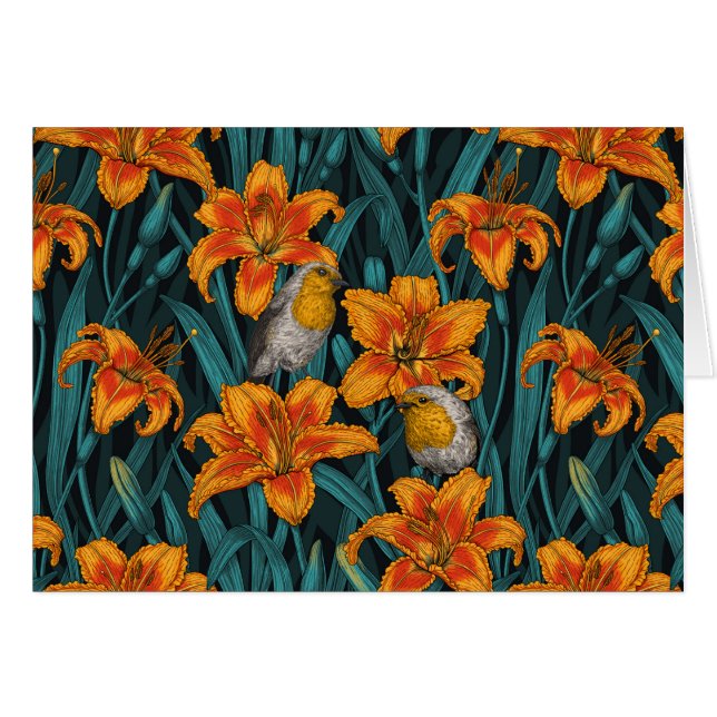 Cartão Robins e flores, cor de laranja e azul (Frente Horizontal)