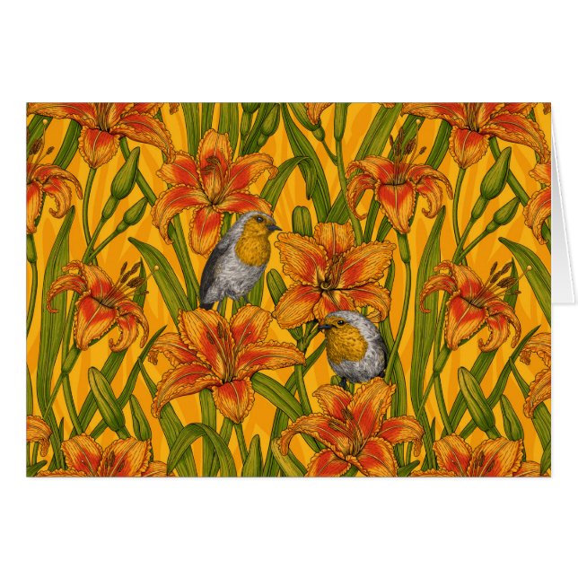 Cartão Robins e flores, cor de laranja e verde (Frente Horizontal)