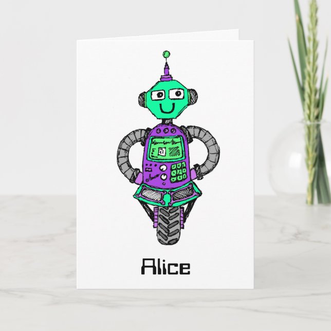 Cartão Robô Arnie, roxo e verde (Frente)