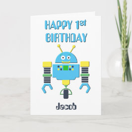 Cartão Robô Azul do primeiro aniversario Feliz