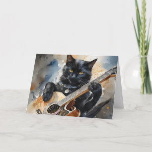 Cartão Roca de Estrela de Rock Gato Preto Tocando Violão 