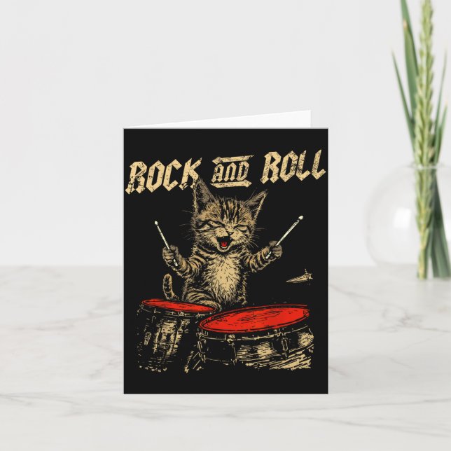 Cartão Rock And Roll Funny Cat Playing Drum For Men Women (Frente)