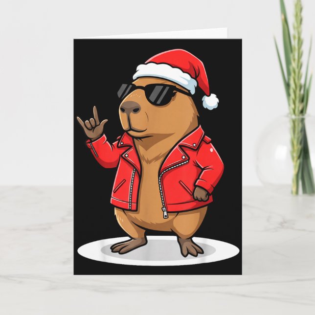 Cartão Rock Capybara Xmas Santa Men Women Kids Funny Ugly (Frente)