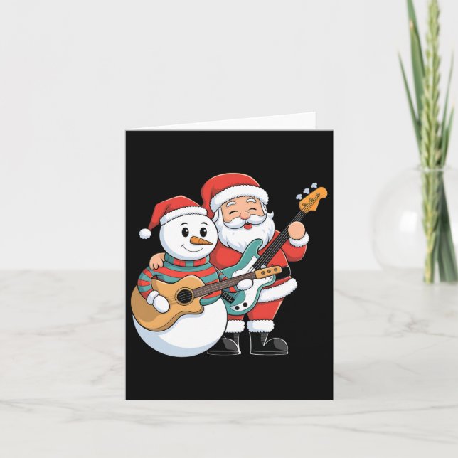 Cartão Rock Guitar Snowman E Papai Noel Tocando Violão (Frente)
