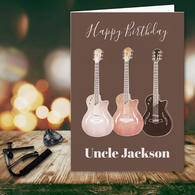 Cartão Rock n Roll Rustic Guitars Rockstar Tio (Happy birthday uncle custom rustic guitar music themed brown birthday greetings card)
