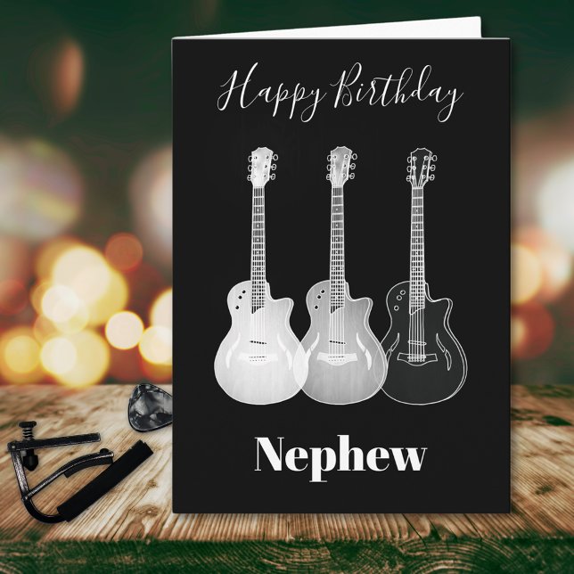 Cartão Rockstar Guitars Sobrinho Monocromático (Guitar happy birthday nephew cool black and white greetings card)