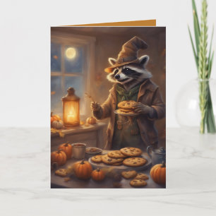 Cartão Rocky Raccoon assa biscoitos de Halloween de boas-