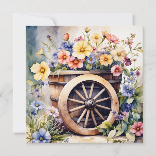 Cartão Roda de madeira de aquarela com flores de jardim (Frente)