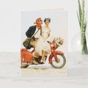 Cartão Romance Vintage em uma Vespa Vermelha