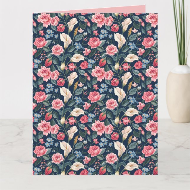 Cartão Romantic Navy Blue Floral Garden Pattern (Frente)