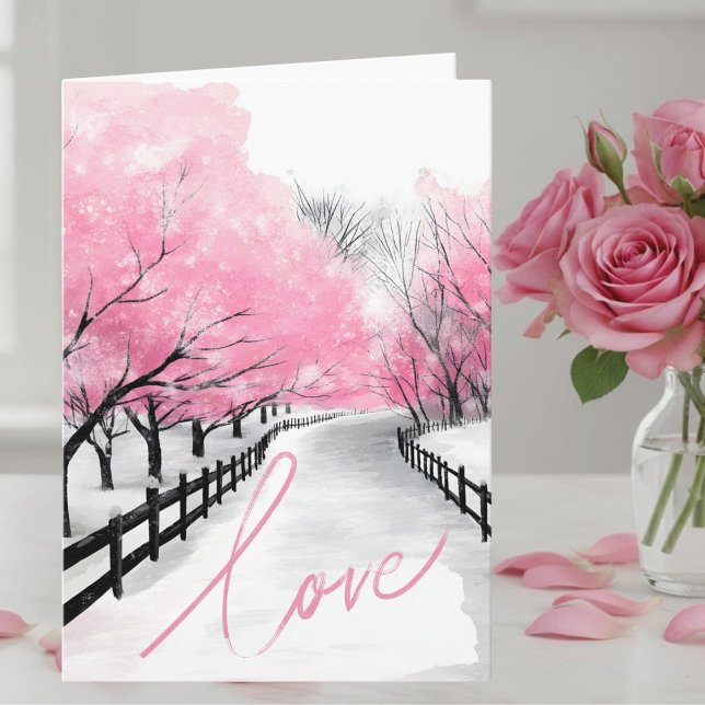Cartão Romantic Pink Snow Scene Valentine's Day Card (Criador carregado)