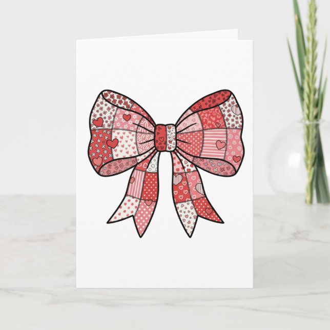 Cartão Romantic Red Pink Patchwork Ribbon Bow Drawing  (Frente)