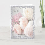 Cartão Romantic Roses & Diamonds 70th Birthday<br><div class="desc">Woman's custom 70th birthday greeting card. Elegant, glamorous and sophisticated 70th birthday greeting card for women with beautiful romantic peach and white roses and pretty pink carnations flowers with a chic, trendy glitz and glam border frame of bling rhinestones jewels diamonds images printed on a stunning classy silver background. These...</div>