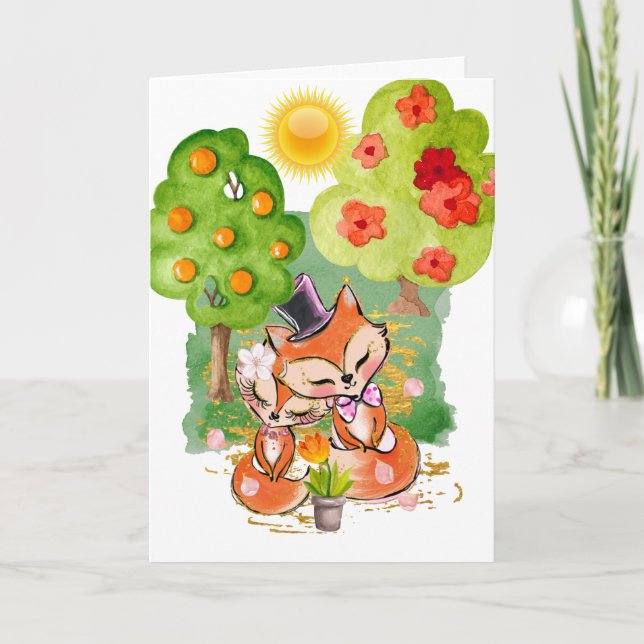 Cartão Romantic summer fox couple woodland wedding (Frente)