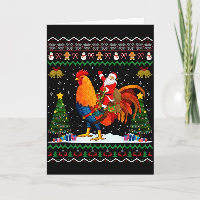 Cartão Rooster Ugly Xmas Gift Santa Riding Rooster Christ (Frente)