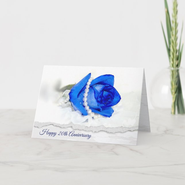 Cartão Rosa Azul e Pérolas do 20º Aniversário (Frente)
