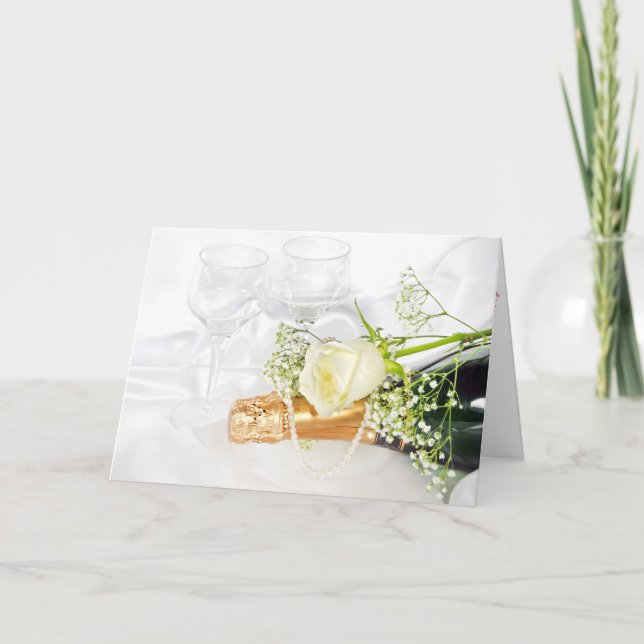 Cartão rosa branca em garrafa de champanhe com pérolas (Frente)