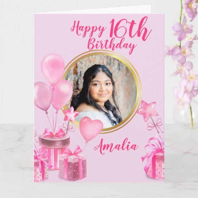 Cartão Rosa com presentes e balões com fotografia redonda (Orquídea)