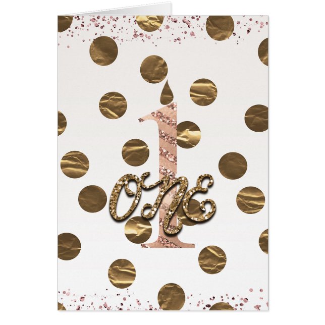 Cartão Rosa de Bolinhas de bronze Dourado UM primeiro ani (Frente)