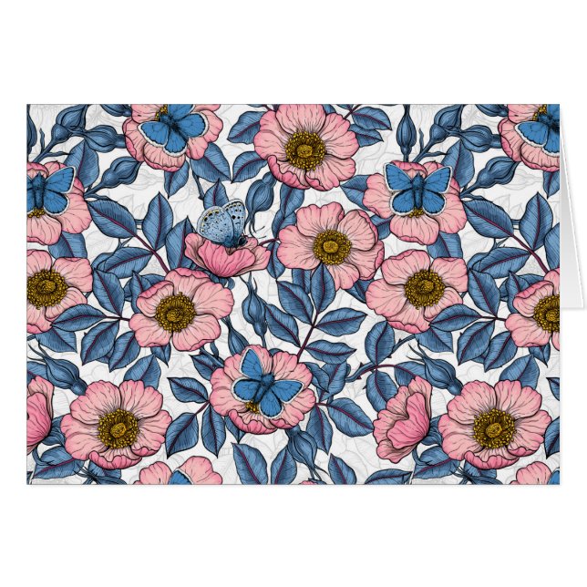 Cartão Rosa de cães e borboletas (Frente Horizontal)