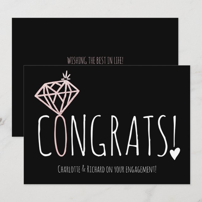 Cartão Rosa de de diamante moderno congratula noivado (Frente/Verso)