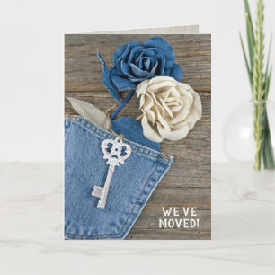 Cartão Rosa de jeans para nova casa com chave