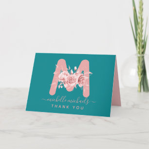 Cartão Rosa Dourado Teal Obrigado Monograma Floral