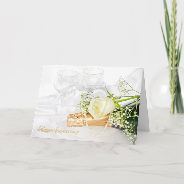 Cartão rosa e champanhe com pérolas para aniversário (Frente)