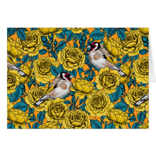 Cartão Rosa, flores e aves-pintadas (Frente Horizontal)