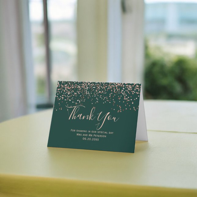 Cartão Rosa gold confetti e emerald typography obrigado y (Rose gold confetti emerald typography thank you card)