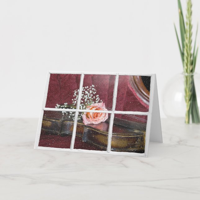 Cartão rosa on violin window com chuva (Frente)