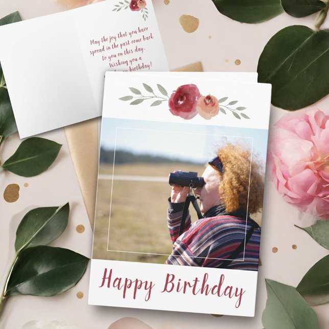Cartão Rosa vermelha Aquarela Foto de Aniversário Floral (Criador carregado)
