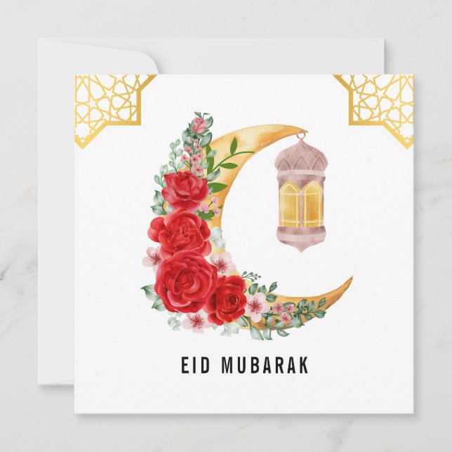 Cartão Rosa vermelha Crescent Moon Eid Mubarak (Frente)