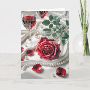 Cartão Rosa vermelha de aniversário e vinho