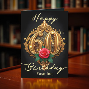 Cartão Rosa vermelha e Dourado Número 60 - Aniversário