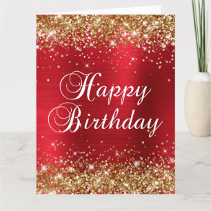 Cartão Rosa Vermelho Glitter Dourado Grande Feliz Anivers