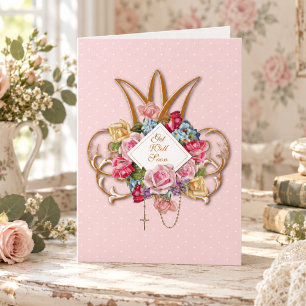 Cartão Rosário de Rosas Vintage Religiosas Floral Católic