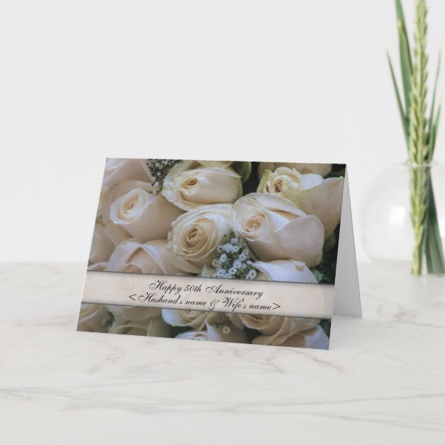 Cartão Rosas Brancas<50th>Aniversário (Frente)