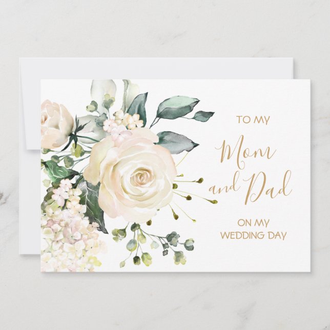 Cartão Rosas brancas Para a minha Mãe & Pai no dia do meu (Frente)
