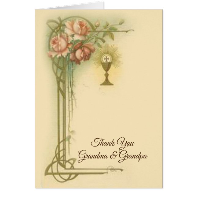 Cartão Rosas Católicos da Primeira Comunhão Obrigado (Frente)