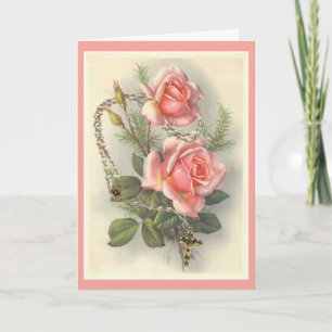 Cartão Rosas Cor-de-Rosa Antigas com Rosário