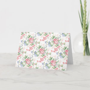 Cartão Rosas Cor-de-Rosa e Flores Azuis em Branco