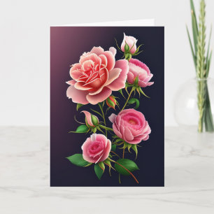 Cartão Rosas Cor-de-Rosa em Fundo Roxo Gradiente no Dia d