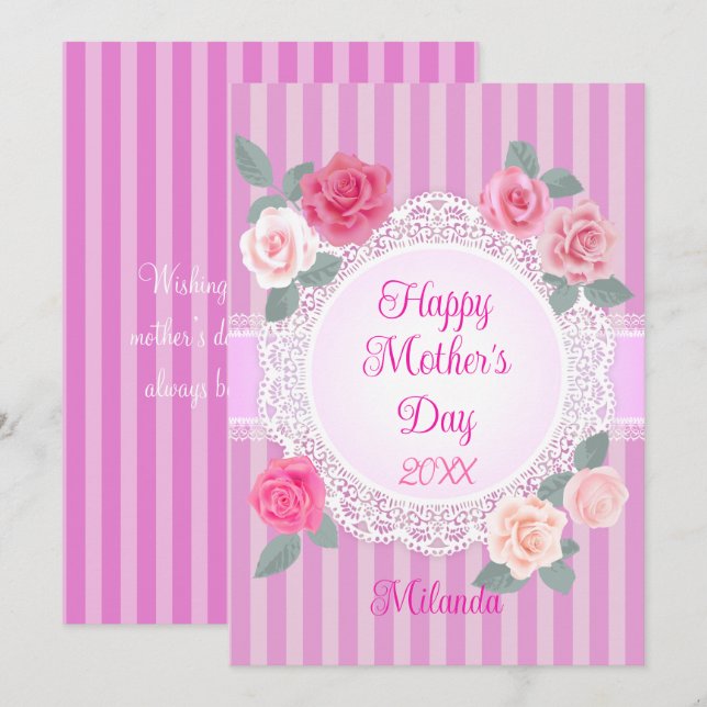 Cartão Rosas Cor-de-Rosa Feliz Dia das Mães (Frente/Verso)