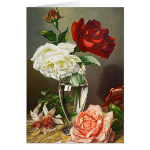Cartão Rosas de Jardim Antigas em um Vaso de Vidro
