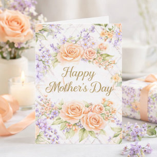 Cartão Rosas de Pêssego Aquarela Floral Feliz Dia das Mãe